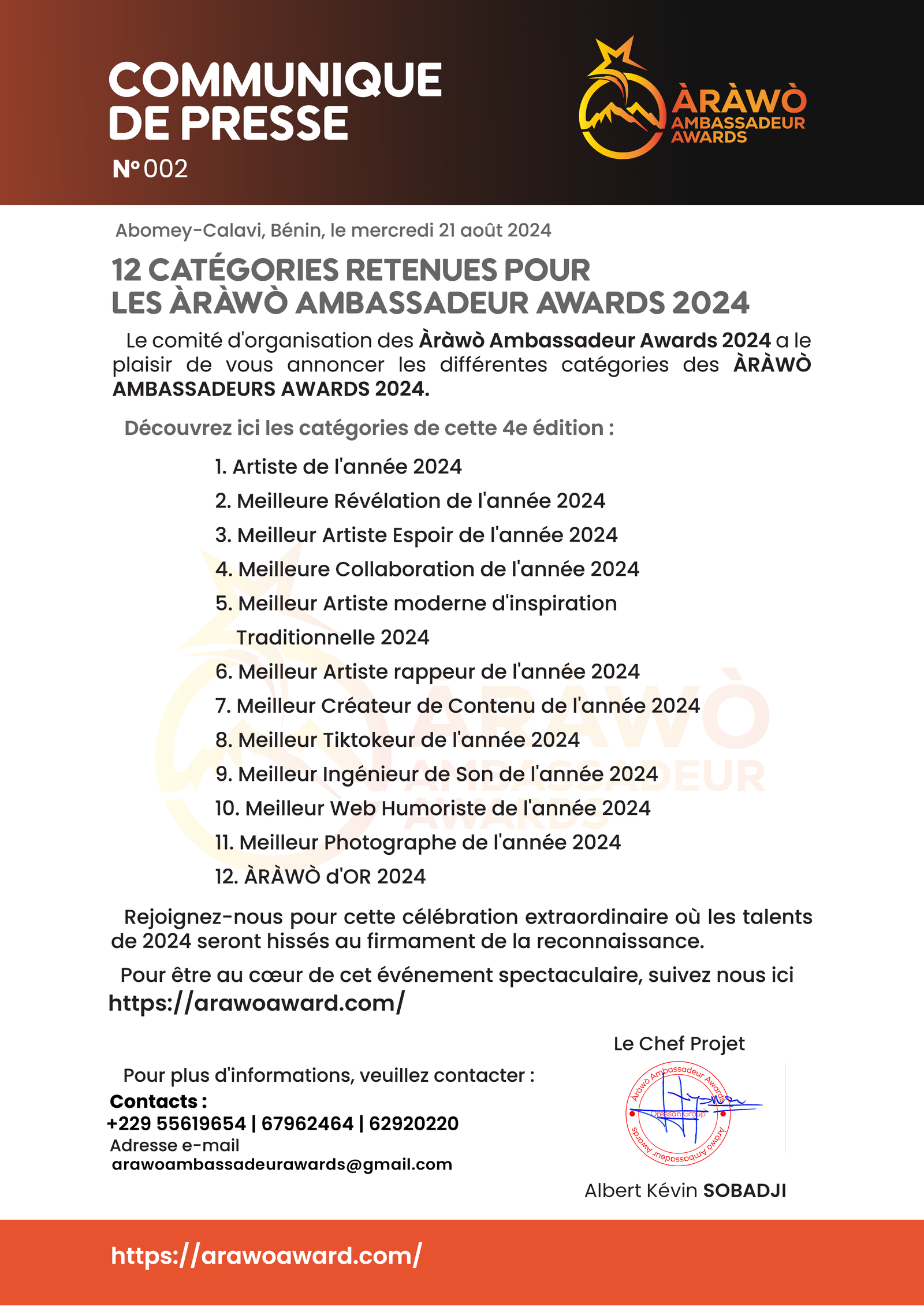 COMMUNIQUE DE PRESSE N°002 : 12 CATÉGORIES RETENUES POUR LES ÀRÀWÒ AMBASSADEUR AWARDS 2024